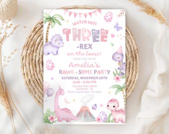 May include: A party invitation with a dinosaur theme. The invitation features the text "WATCH OUT! THREE - REX on the loose!" and "RAWR - SOME PARTY". The design includes illustrations of dinosaurs, eggs, and tropical plants in pastel colors.
