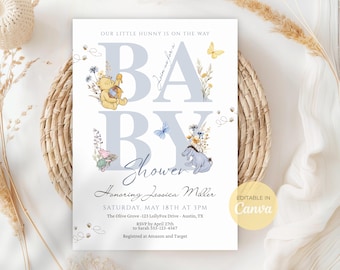 Blue Winnie the Pooh Baby Shower Invitation for Boy Winnie Baby Shower Invite Vintage Winnie Little Hunny Editable Canva Download WP04