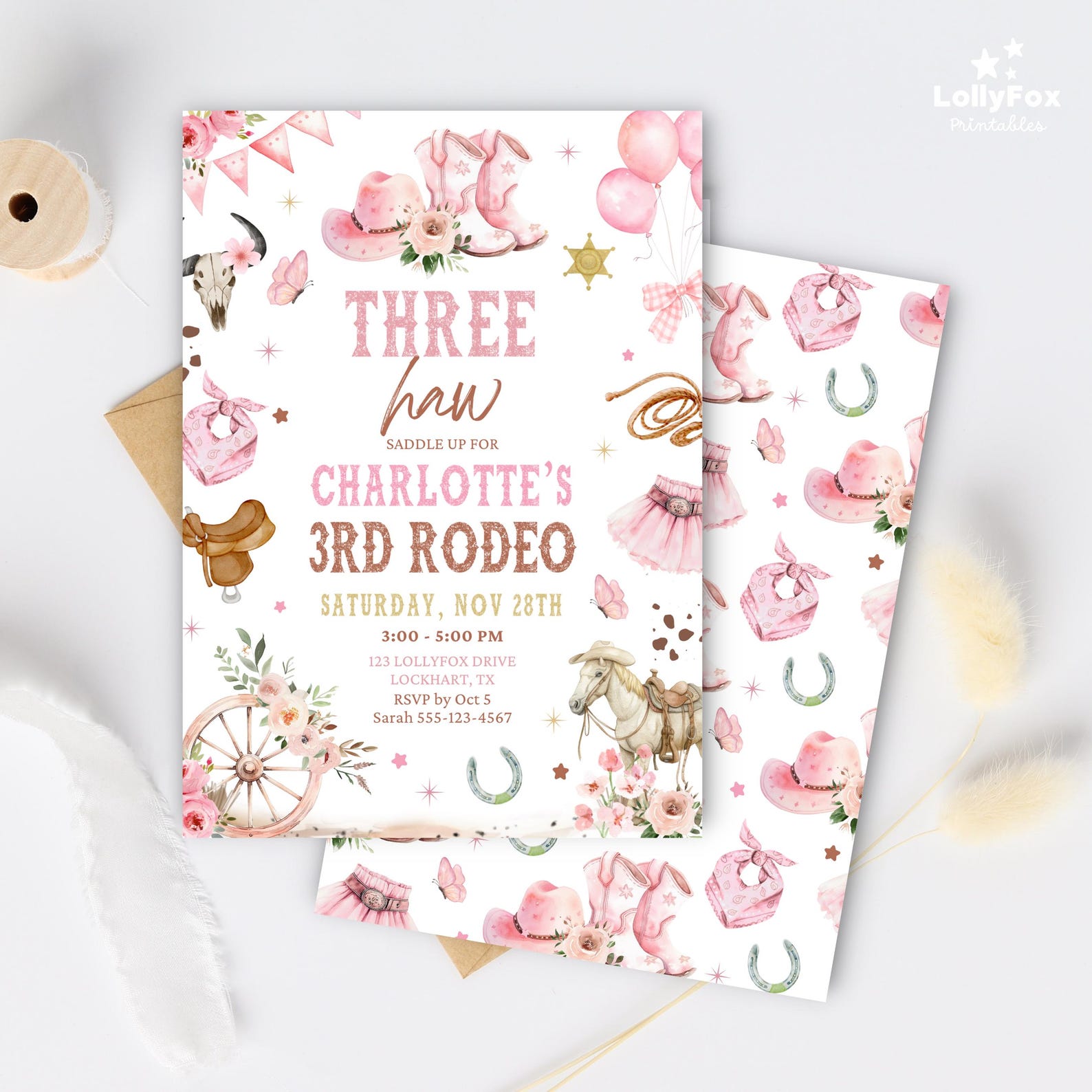 Editable 3rd Rodeo Invitation for Girl Cowgirl Birthday Invite Three ...