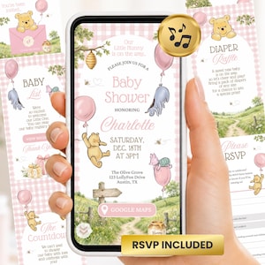 Girl Winnie the Pooh Baby Shower Invitation Website, Music, RSVP, Little Hunny, Editable Canva WP18