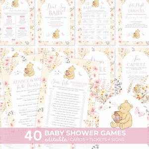 Könnte beinhalten: Ein Set aus 40 druckbaren Babyparty-Spielkarten und Schildern mit einem gelben Bären, der einen Honigtopf hält, rosa und gelben Blumenillustrationen und Bogendesigns. Der Text enthält Titel wie Guess Who, Advice & Wishes und Time Capsule.