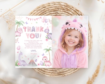 Dinosaur Party Photo Thank You Card, Girl Birthday Party, Editable Canva, Digital Download DB02