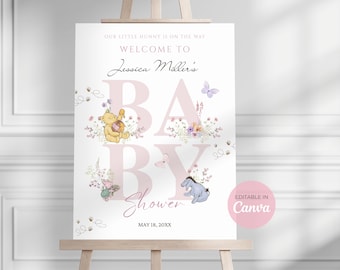 Letrero de bienvenida para baby shower de Winnie the Pooh, decoración para fiesta de Little Hunny, Canva WP03 editable
