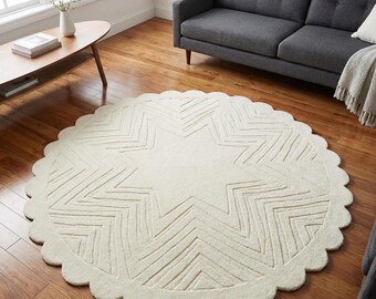 Ivory Scalloped Star Rug – Handmade Tufted Round Carpet | Custom Size Minimalist Area Rug | Luxury Modern Living Room Decor | Soft Plush Rug