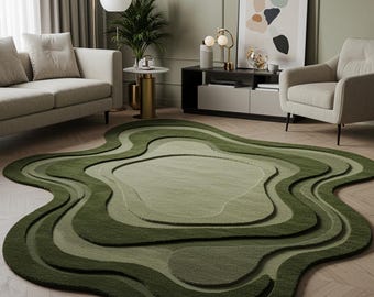 Layered Green Abstract Rug | Topographic Carpet | Modern Irregular Shag Rug | Custom Handmade Living Room Area Rug | Nature Inspired Decor