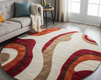 Round Abstract Area Rug – Handmade Tufted Carpet | Custom Size Wavy Rug | Soft Plush Living Room Rug | Modern Boho Home Decor