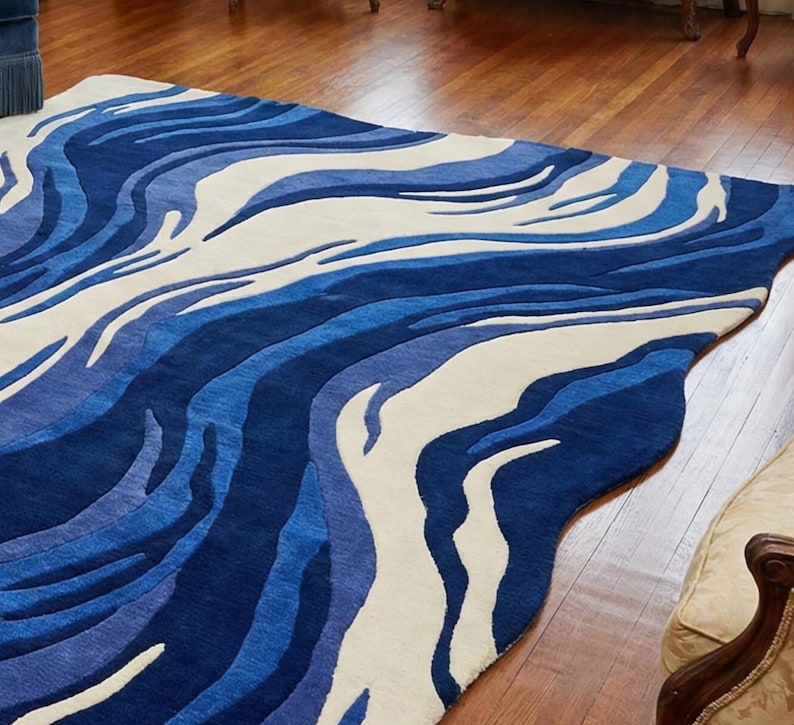 Blue White Abstract Wave Rug, Modern Marble Swirl Rectangle Area Rug ...