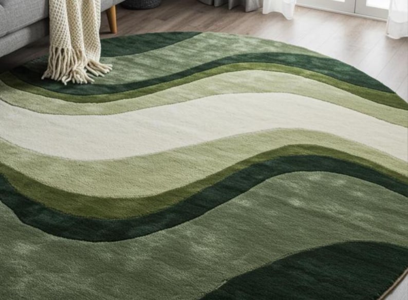 May include: A round area rug with a wavy design in shades of green and off-white. The rug has a soft, textured appearance and is placed on a hardwood floor. A cream-colored throw blanket with fringe is draped over a gray sofa.