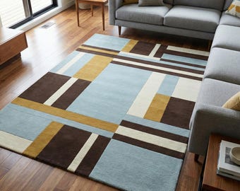 Modern Geometric Area Rug, Mid-Century Abstract Carpet, Blue Brown Mustard Rug, Hand-Tufted Custom Size Rug, Living Room Contemporary Decor