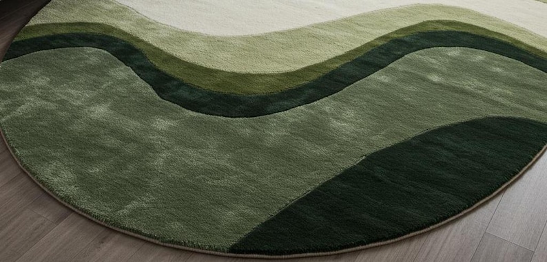 May include: A round rug with a wave-like design in shades of green. The rug features a soft, plush texture and a gradient of colors, from light green to dark green. The rug is approximately 60 inches in diameter.