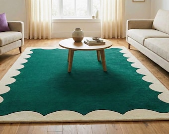 Green Scalloped Edge Rug | Wavy Border Carpet | Modern Aesthetic Area Rug | Custom Handmade Tufted Rug for Living Room & Bedroom Decor Rug