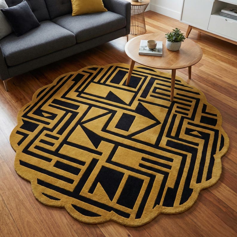 Geometric Round Rug | Modern Black & Mustard Area Rug | Handmade ...