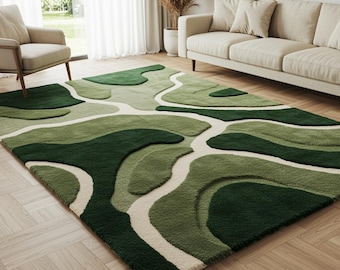 Modern Green Abstract Area Rug, Luxury Soft Plush Living Room Carpet, Contemporary Wave Pattern Floor Rug, Bedroom & Sofa Home Décor Rug