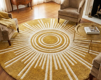 Hand Tufted Wool Round Rug, Yellow Sunburst Area Rug, Modern Circular Carpet, Custom Size Living Room Bedroom Home Decor