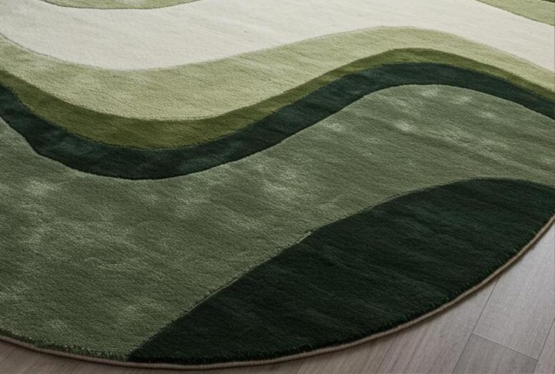 May include: A round rug with a wave pattern in shades of green, from light to dark. The rug has a soft, textured appearance and is placed on a light-colored wooden floor. The design creates a sense of depth and movement.