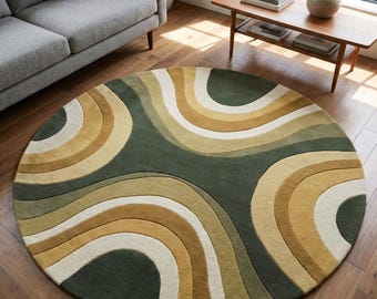 Green & Mustard Round Rug – Handmade Tufted Carpet | Custom Size Abstract Wave Rug | Soft Plush Living Room Rug | Modern Boho Home Decor