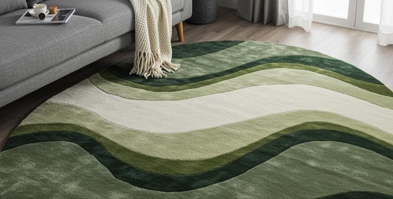 May include: A round area rug with a wave-like pattern in shades of green and white. The rug is made of a soft, plush material and is placed on a hardwood floor. The rug is near a gray sofa and a cream-colored throw blanket.