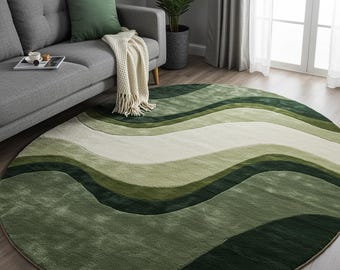 Round Green Wavy Rug | Modern Wave Circle Carpet | Handmade Tufted Round Area Rug | Custom Round Rug for Living Room | Aesthetic Home Decor