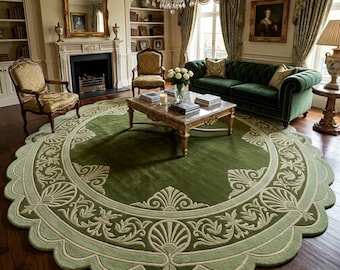 Luxury Green Round Area Rug, Hand Tufted Wool Carpet, Victorian Floral Rug, Scalloped Edge Rug, Elegant Traditional Living Room Decor Rug