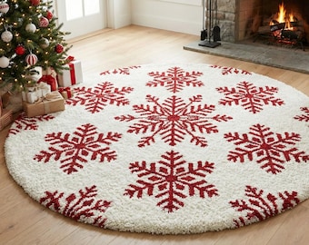 Winter Wonderland Round Area Rug | Snowflake Pattern Carpet | Cozy