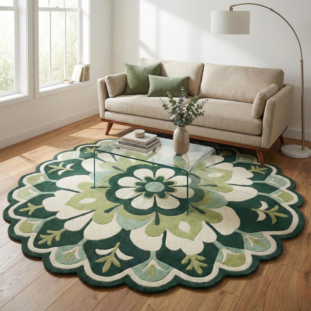 Green Floral Round Rug, Handmade Tufted Area Rug, Botanical Carpet ...