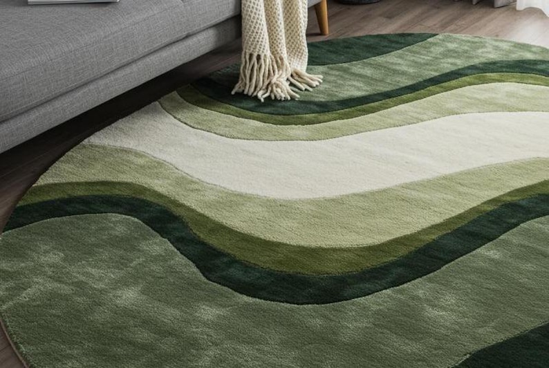 May include: A round rug with a wavy design in shades of green and white. The rug features a soft, textured surface and a pattern that resembles rolling hills or waves. The color palette includes light, medium, and dark green tones.