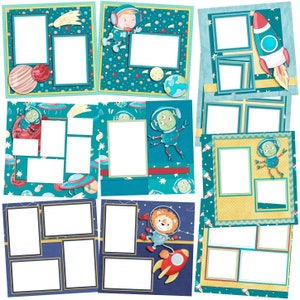 May include: A set of eight scrapbook pages with a space theme. The pages feature illustrations of astronauts, aliens, rockets, and planets. Each page has multiple photo frames in various sizes and shapes.
