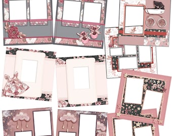 May include: A set of digital scrapbook paper templates featuring pink, gray, and black colors with floral and star patterns. The templates include various frame sizes and layouts, perfect for creating baby girl scrapbook pages.