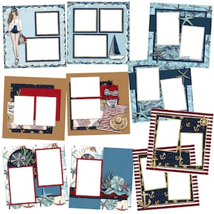 Può includere: Un set di 10 modelli di carta digitale per scrapbooking a tema nautico. I modelli includono vari design con ancore, conchiglie, strisce e onde. I modelli sono perfetti per creare pagine di scrapbooking digitale, biglietti e altri lavoretti.