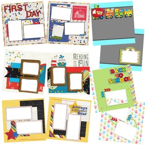 Può includere: Un set di 10 layout di scrapbooking stampabili con disegni e cornici colorate per le foto. I layout includono temi come "Primo giorno", "La lettura è divertente" e "Ritorno a scuola".