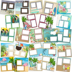 Può includere: Un set di 16 modelli di carta digitale per scrapbooking con temi tropicali. I modelli includono immagini di palme, spiagge e onde oceaniche. I modelli sono perfetti per creare pagine di scrapbooking digitale, biglietti e altri lavoretti.