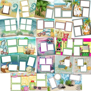 Puede incluir: Un conjunto de 12 plantillas de papel digital para scrapbooking con temática de playa de verano. Las plantillas incluyen diferentes diseños con distintos números de marcos de fotos, cada uno con un diseño y una combinación de colores únicos. Las plantillas son perfectas para crear álbumes de fotos personalizados, álbumes de recortes o invitaciones digitales.