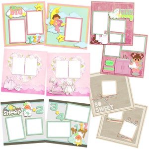 Può includere: Un set di 10 modelli di carta per scrapbooking digitale con una varietà di design, tra cui un cuore, stelle e un cavallo a dondolo. I modelli sono perfetti per creare pagine di scrapbooking per bambini.