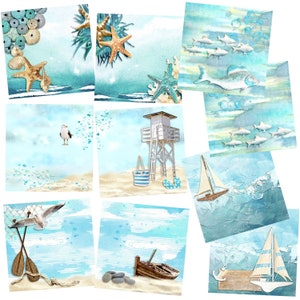 Può includere: Un pacchetto di carta digitale con 10 diversi design a tema spiaggia. I design includono conchiglie, stelle marine, gabbiani, barche e torrette di salvataggio. I colori sono blu, verde, bianco e marrone.