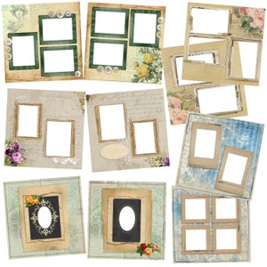Può includere: Una collezione di cornici per foto e pagine di scrapbook in stile vintage. Le cornici sono di varie forme e dimensioni, con elementi decorativi come fiori, bottoni e texture di carta invecchiata. La tavolozza dei colori comprende beige, verde e oro.