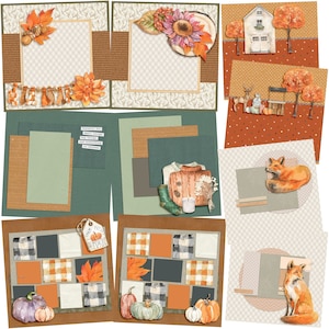 May include: A digital scrapbook paper pack with a fall theme. The papers feature various patterns, including plaid, polka dots, and floral designs. The papers are in shades of brown, orange, green, and white. The papers are perfect for creating cards, scrapbook pages, and other paper crafts.