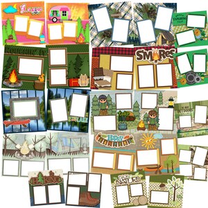 May include: A set of 12 digital scrapbook paper templates featuring a camping theme. The templates include images of campfires, tents, trees, and other camping-related items. The templates are designed to be used with digital scrapbooking software.