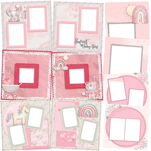 Può includere: Carta da scrapbook rosa e bianca con più cornici per foto. Le cornici sono decorate con arcobaleni, nuvole, unicorni e un orsacchiotto. Il testo "Sweet Baby Girl" è scritto sulla carta.