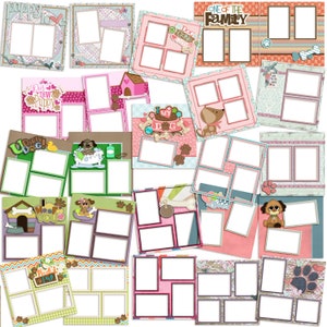 Può includere: Un set di 12 modelli di carta digitale per scrapbooking con design a tema cani. I modelli includono vari layout con diversi numeri di cornici per foto, ognuna con una grafica e un testo unici relativi ai cani. I modelli sono perfetti per creare pagine di album di ritagli personalizzate, biglietti o altri lavoretti.
