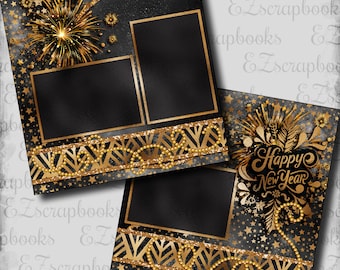 Black & Gold Happy New Year Fireworks - 2 Premade Scrapbook Pages - EZ Layout 23-954