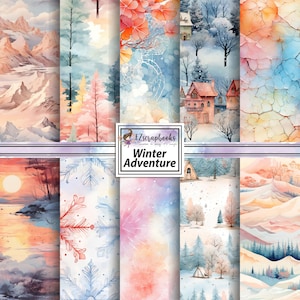 May include: A collection of watercolor digital papers with winter landscape scenes. The designs feature mountains, trees, houses, and snowflakes in shades of blue, pink, orange, and white. The text "Winter Adventure" is displayed in a white frame.