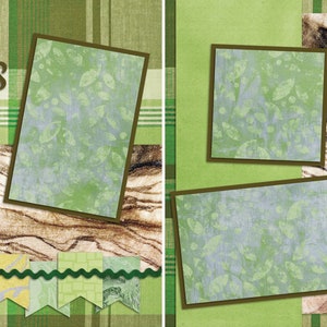 May include: A scrapbook layout with a nature theme. The text "THE GREAT OUTDOORS" is displayed on a green plaid background. Several rectangular frames with leaf patterns are arranged on the page, along with decorative banners.