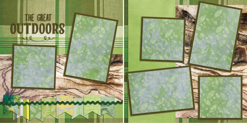 May include: A scrapbook layout with a nature theme. The text "THE GREAT OUTDOORS" is displayed on a green plaid background. Several rectangular frames with leaf patterns are arranged on the page, along with decorative banners.