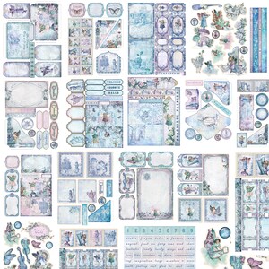 May include: A set of digital scrapbook paper featuring a whimsical fairy theme. The papers are in shades of blue, pink, and white with illustrations of fairies, flowers, and other magical elements. The papers include various shapes and sizes, including tags, banners, and frames. The text "Beautiful Fairies" is featured on one of the papers.