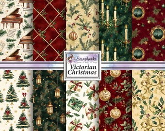 May include: A collection of Victorian Christmas-themed digital papers. The patterns include grand pianos, Christmas trees, candles, ornaments, and gift boxes. The color palette features red, green, gold, and cream hues. The text "Victorian Christmas" is displayed in a white frame.