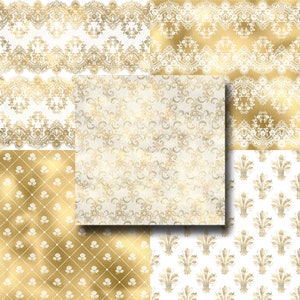 Peut inclure: Un pack de papier num&eacute;rique avec six motifs diff&eacute;rents pr&eacute;sentant des motifs de dentelle dor&eacute;s et blancs. Les motifs comprennent une dentelle florale, un motif g&eacute;om&eacute;trique et un motif de fleur de lys.