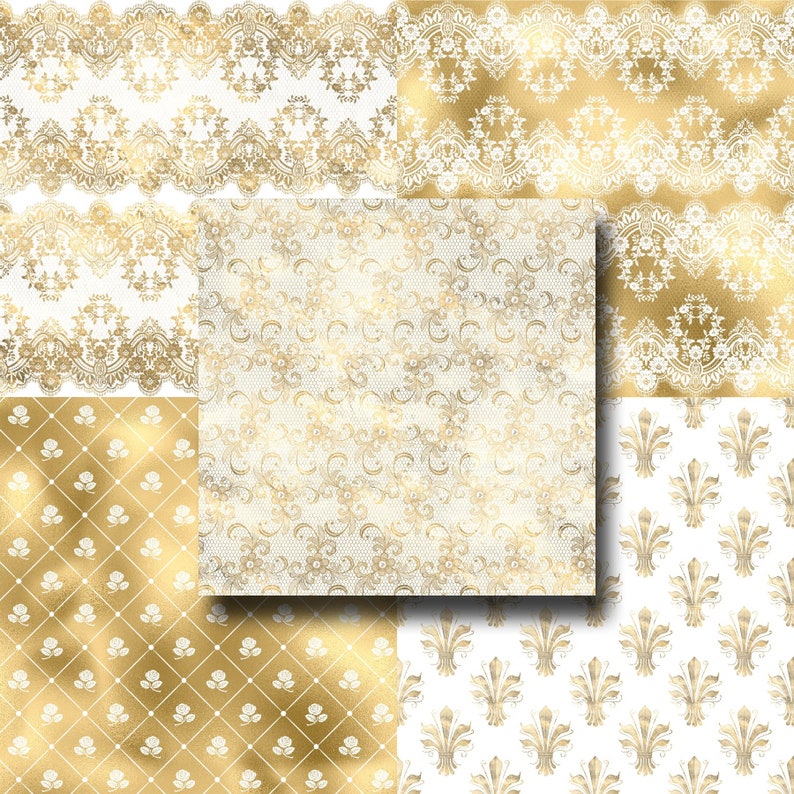 Peut inclure: Un pack de papier num&eacute;rique avec six motifs diff&eacute;rents pr&eacute;sentant des motifs de dentelle dor&eacute;s et blancs. Les motifs comprennent une dentelle florale, un motif g&eacute;om&eacute;trique et un motif de fleur de lys.