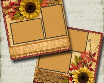 Puede incluir: Una plantilla de álbum de recortes digital con dos marcos de fotos, con un tema otoñal rústico con girasoles, arpillera y hojas de otoño.