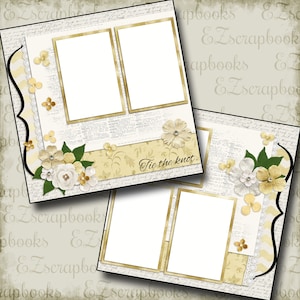 May include: A digital scrapbook template with a beige background and gold accents. The template has four photo frames, two on the top and two on the bottom. The template also has a floral design with white and yellow flowers. The text "Tie the knot." is written in black at the bottom of the template.