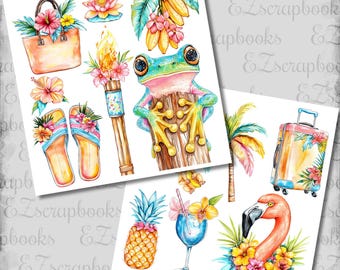 May include: A collection of tropical-themed illustrations featuring a frog on a post, a flamingo, a pineapple, a cocktail, a suitcase, a tote bag, flip-flops, a tiki torch, bananas, and hibiscus flowers in vibrant shades of pink, yellow, and blue.